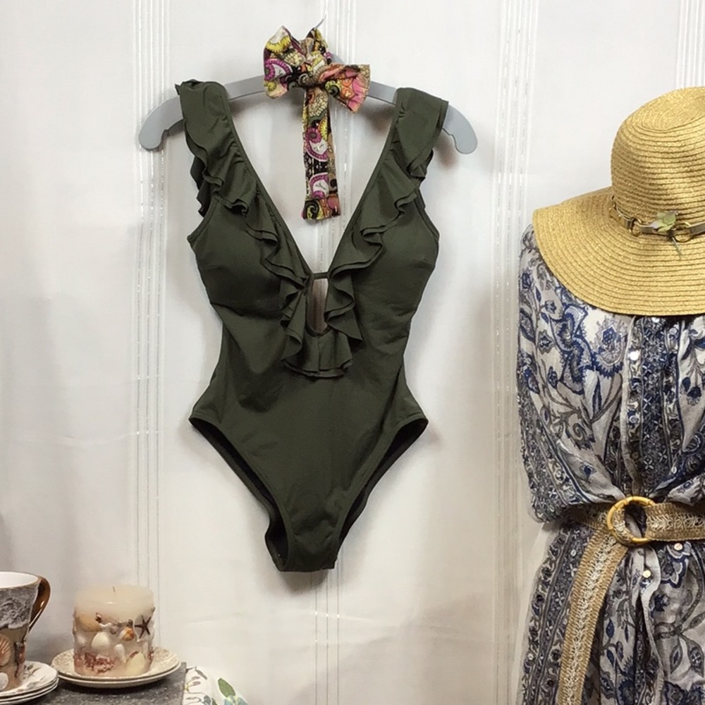 🏖️MICHAEL Michael Kors Khaki Green Ruffled Deep V Front Low Back with Ties - Picture 8 of 8